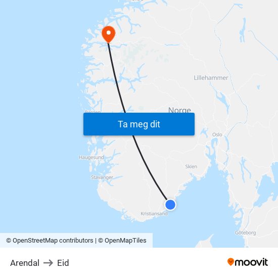 Arendal to Eid map