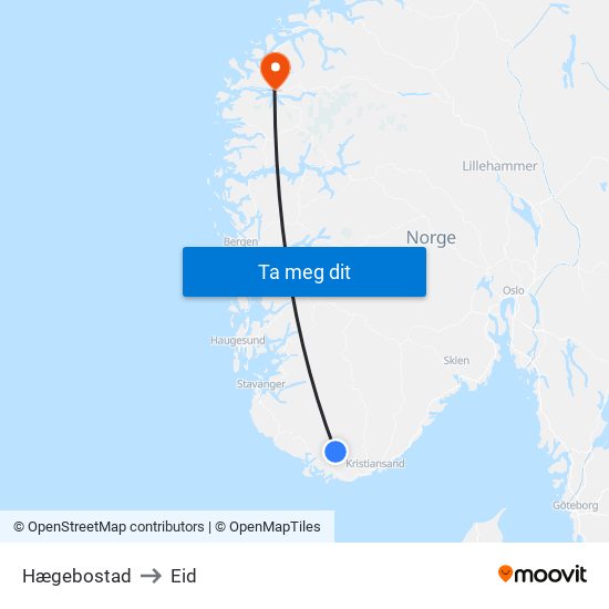 Hægebostad to Eid map