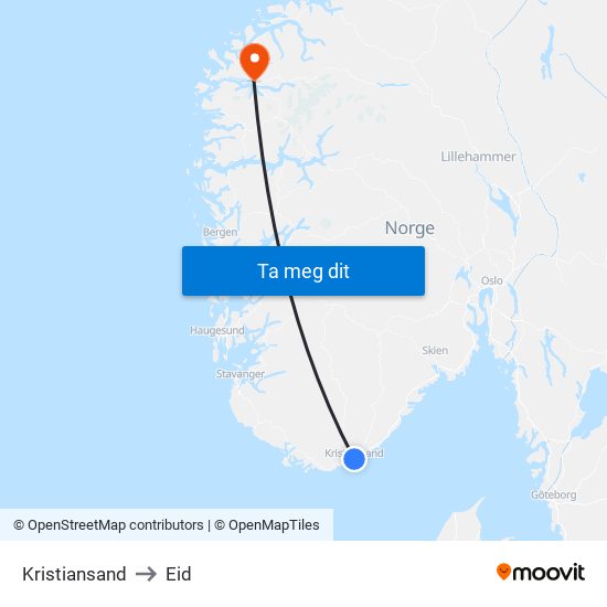 Kristiansand to Eid map