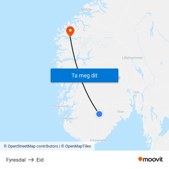 Fyresdal to Eid map
