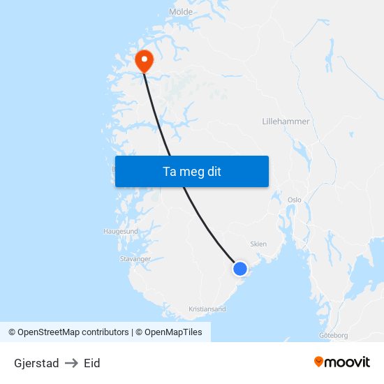Gjerstad to Eid map