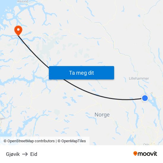 Gjøvik to Eid map