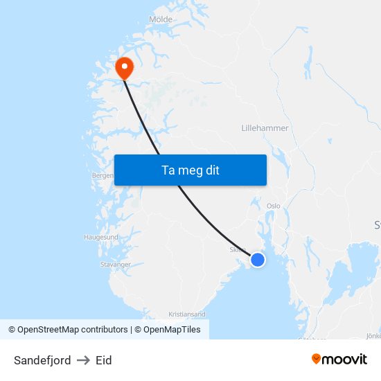 Sandefjord to Eid map