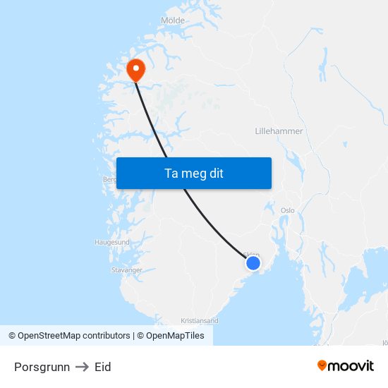 Porsgrunn to Eid map