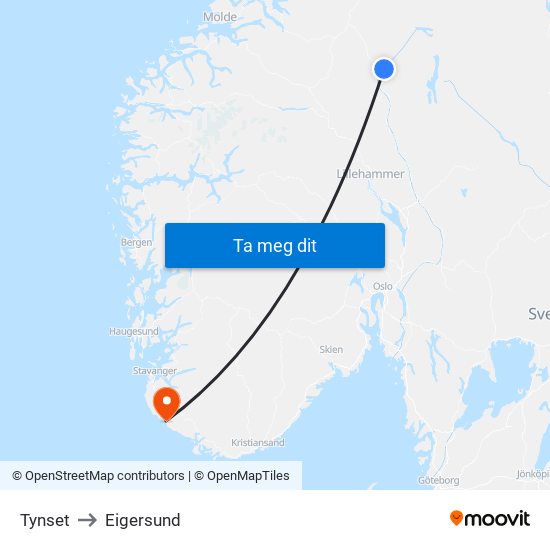 Tynset to Eigersund map
