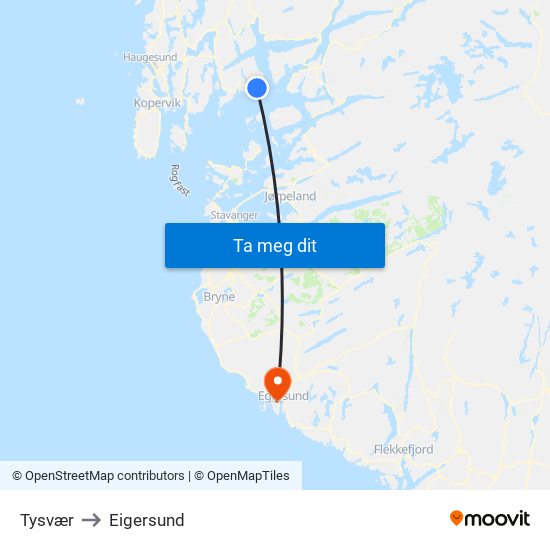 Tysvær to Eigersund map