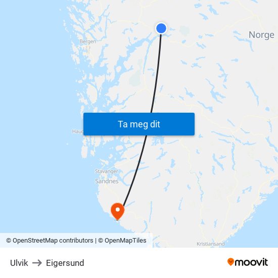 Ulvik to Eigersund map