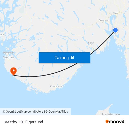 Vestby to Eigersund map