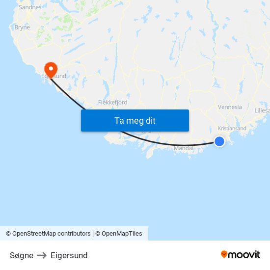 Søgne to Eigersund map