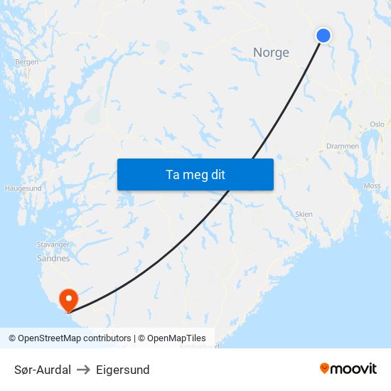 Sør-Aurdal to Eigersund map