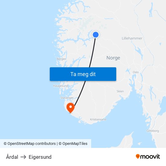 Årdal to Eigersund map