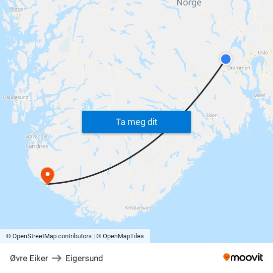 Øvre Eiker to Eigersund map