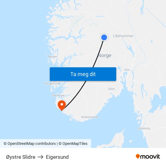 Øystre Slidre to Eigersund map