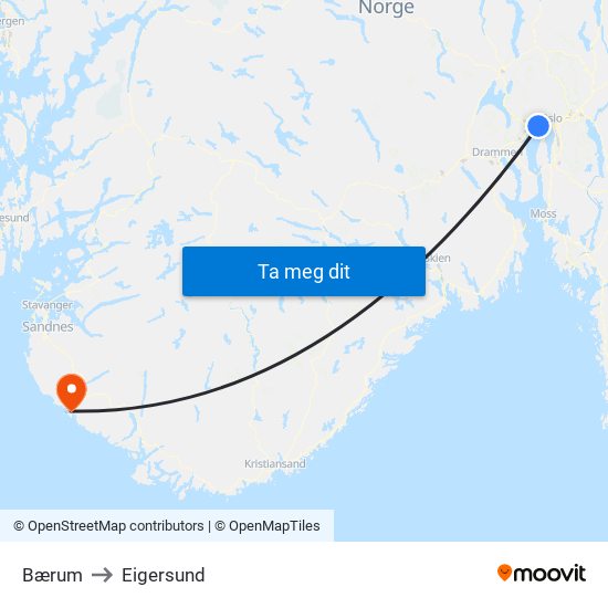 Bærum to Eigersund map
