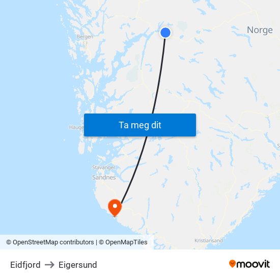 Eidfjord to Eigersund map