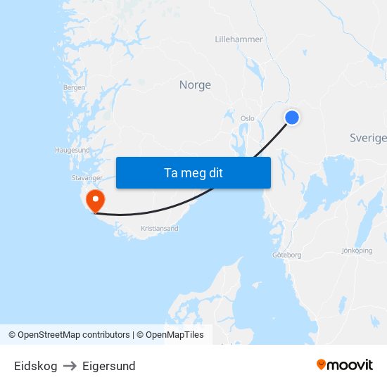 Eidskog to Eigersund map