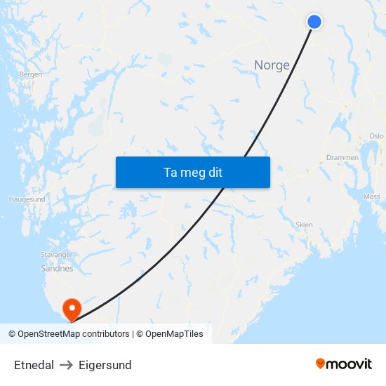 Etnedal to Eigersund map