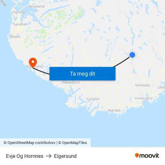 Evje Og Hornnes to Eigersund map