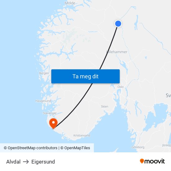 Alvdal to Eigersund map