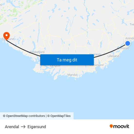 Arendal to Eigersund map