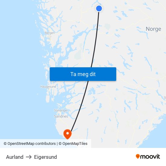 Aurland to Eigersund map