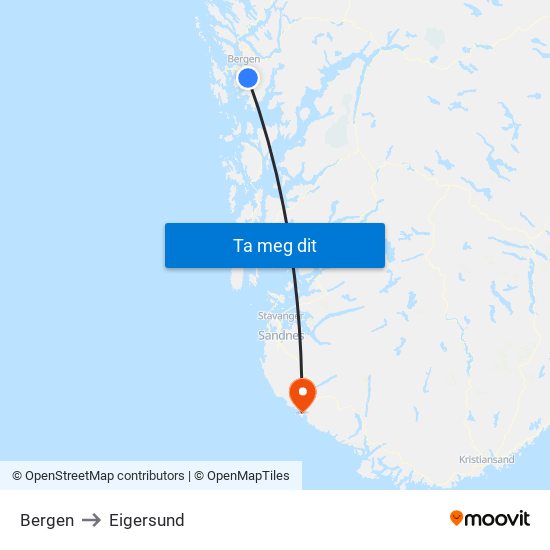 Bergen to Eigersund map