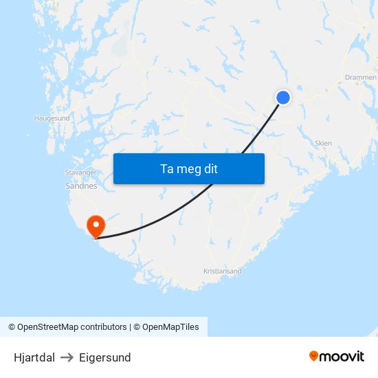 Hjartdal to Eigersund map