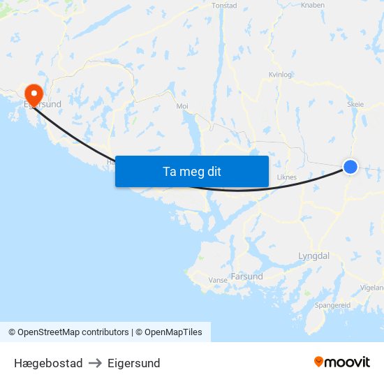 Hægebostad to Eigersund map