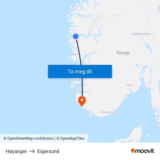 Høyanger to Eigersund map
