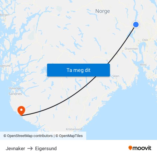 Jevnaker to Eigersund map