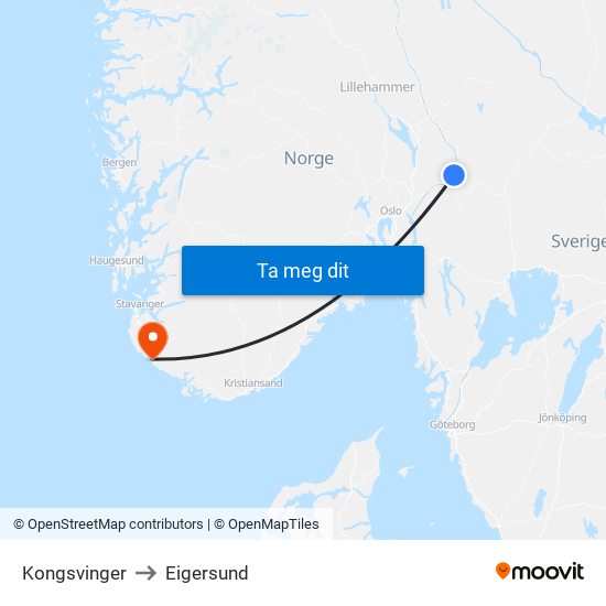 Kongsvinger to Eigersund map