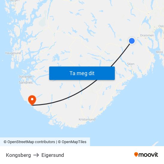 Kongsberg to Eigersund map