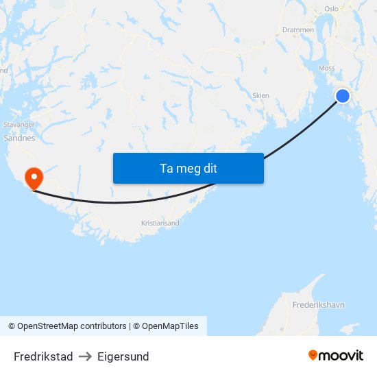 Fredrikstad to Eigersund map