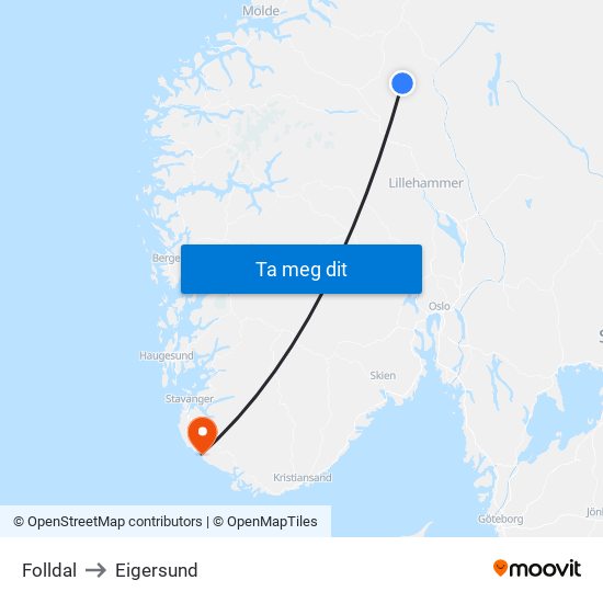 Folldal to Eigersund map