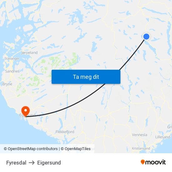 Fyresdal to Eigersund map