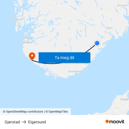 Gjerstad to Eigersund map