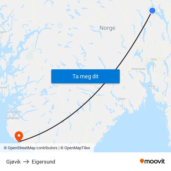 Gjøvik to Eigersund map