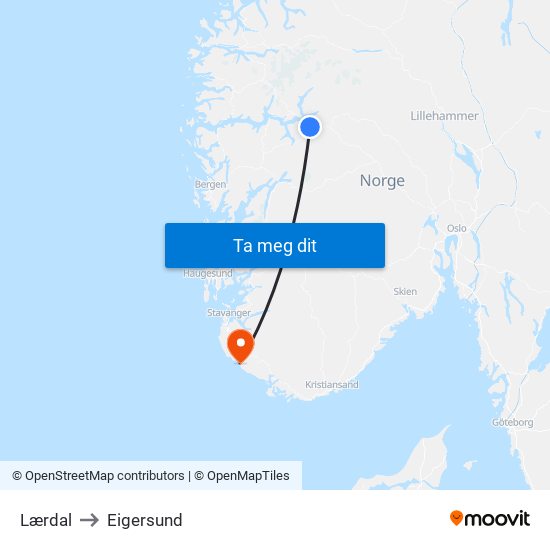 Lærdal to Eigersund map