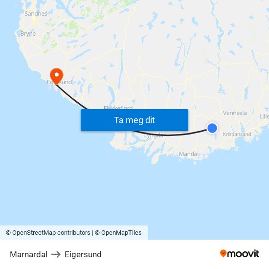 Marnardal to Eigersund map