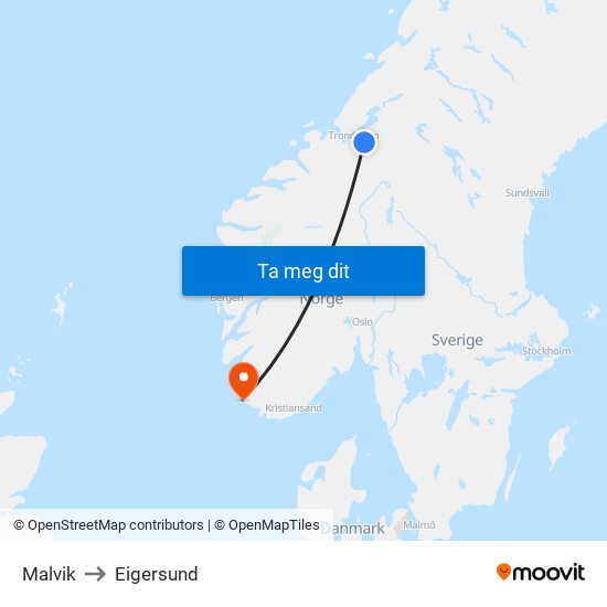 Malvik to Eigersund map