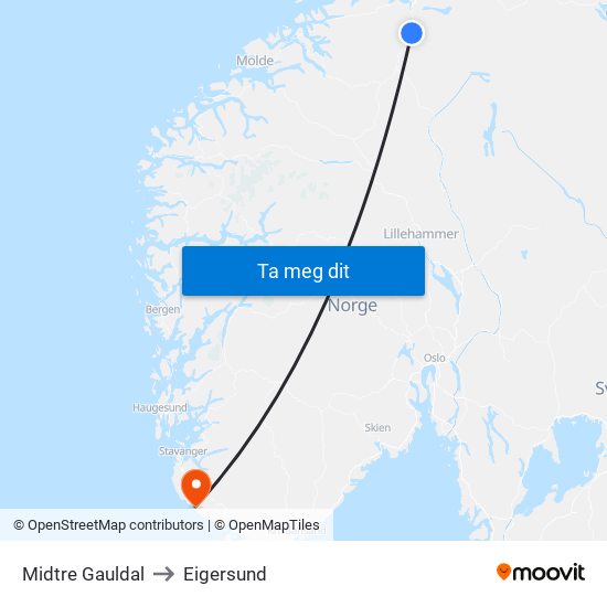 Midtre Gauldal to Eigersund map