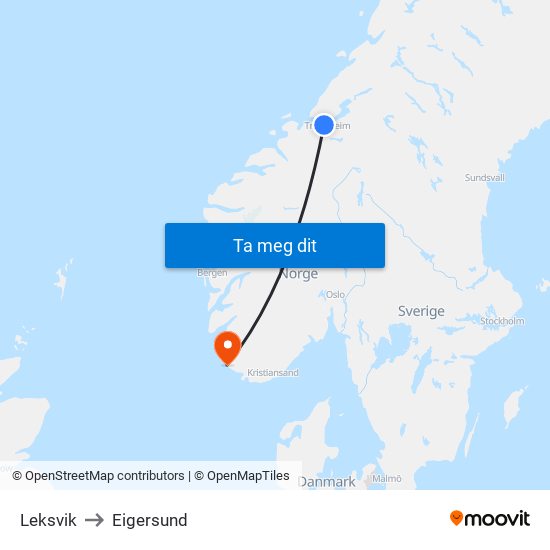 Leksvik to Eigersund map
