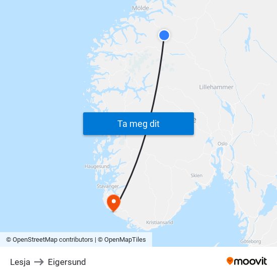 Lesja to Eigersund map