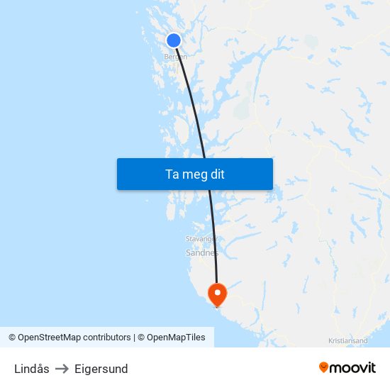 Lindås to Eigersund map