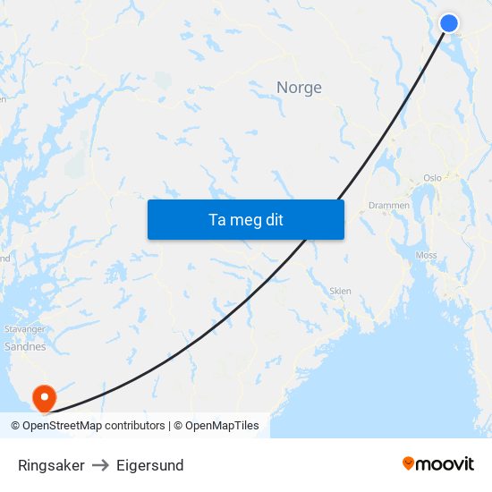 Ringsaker to Eigersund map