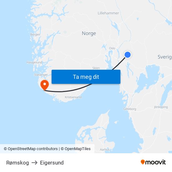 Rømskog to Eigersund map