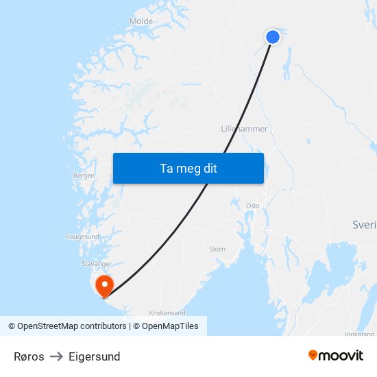 Røros to Eigersund map