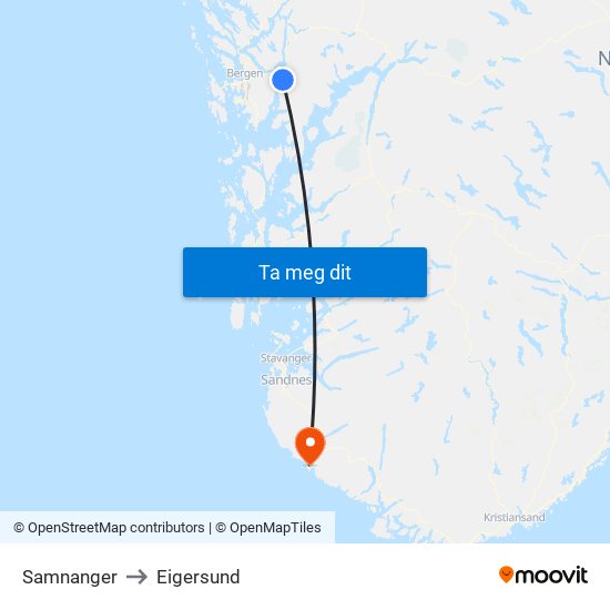 Samnanger to Eigersund map