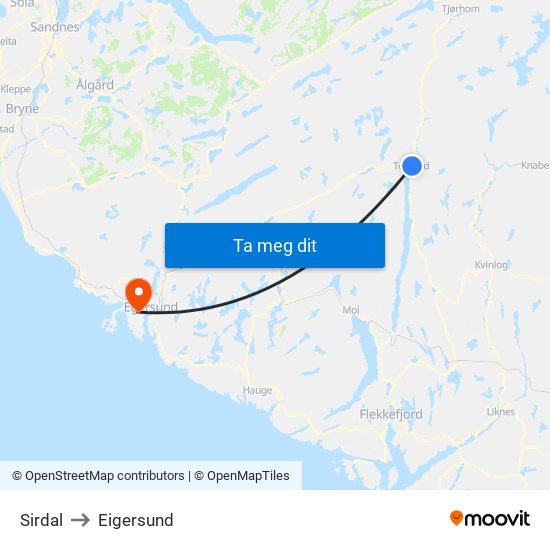 Sirdal to Eigersund map