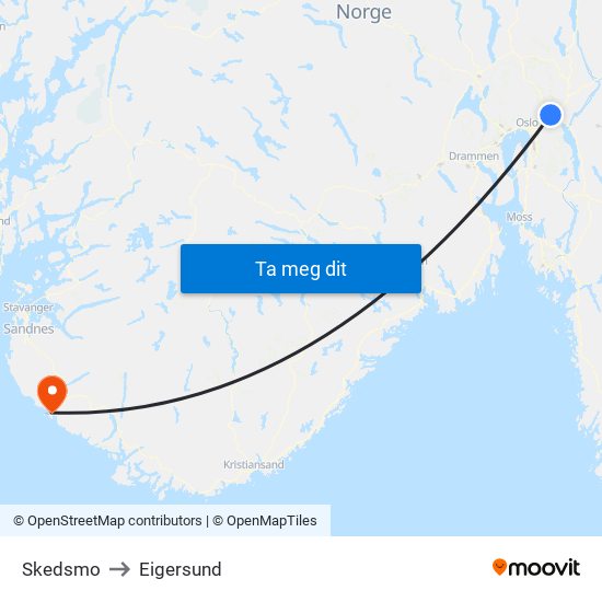 Skedsmo to Eigersund map